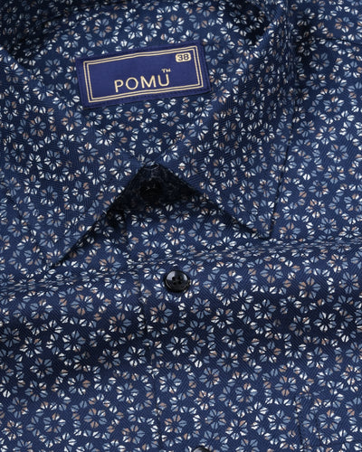 Navy Blue Floral Cotton Shirt – Regular Fit Full Sleeves