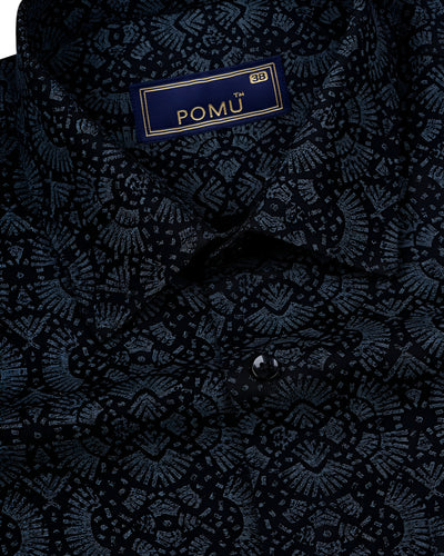 Deep Black Semi Printed Cotton Regular Fit Shirt