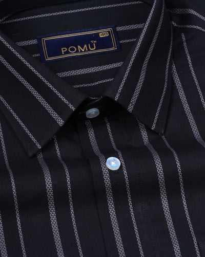 Black Textured Cotton Shirt – Regular Fit Full Sleeves | Elegant Self-Stripe Design