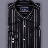 NoirLine Black Dobby Stripe Shirt – Cotton, Breathable & Temperature-Control Fabric, Half Sleeves, Cuban Collar | Textured Stripe Shirt for Men