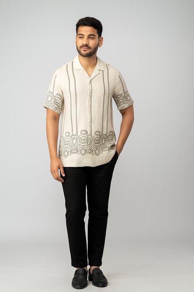 Inkwash White Printed Shirt – Cotton, Temperature Control & Breathable Fabric, Half Sleeves | Stylish Casual Shirt for Men