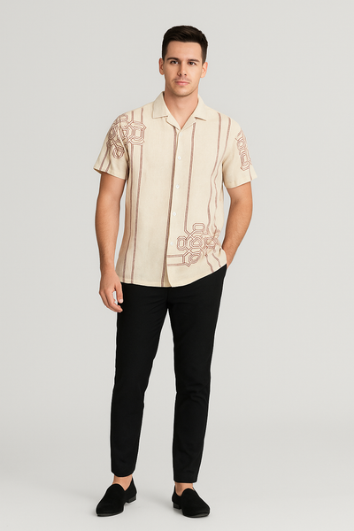 ClayRust Beige Printed Shirt – Cotton, Breathable & Temperature-Control Fabric, Half Sleeves | Bold Casual Shirt for Men