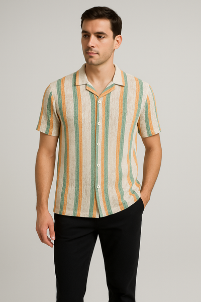 BohoWave Multicolor Crochet Shirt – Cotton, Breathable & Temperature-Control Fabric Half Sleeves | Vibrant Statement Shirt for Men