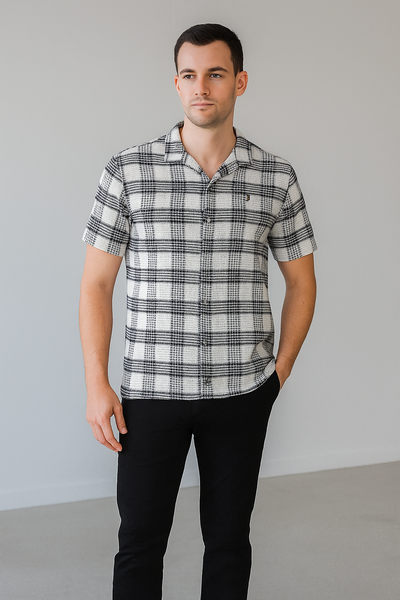 MonoGrid Black & White Crochet Shirt – Cotton, Breathable & Temperature-Control Fabric, Half Sleeves | Monochrome Statement Shirt for Men