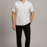 Whiteluxe Self-Stripe Shirt – Cotton, Breathable & Temperature-Control Fabric, Half Sleeves | Elegant Textured White Shirt for Men