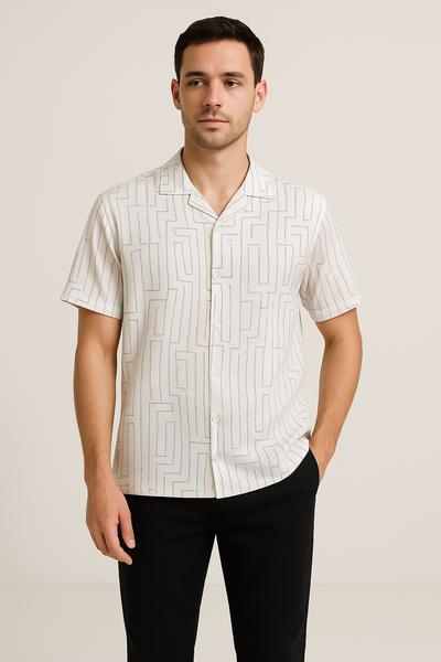 Whiteluxe Self-Stripe Shirt – Cotton, Breathable & Temperature-Control Fabric, Half Sleeves | Elegant Textured White Shirt for Men