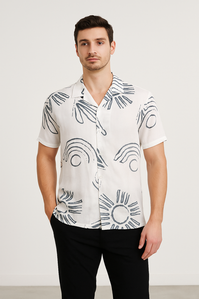 ChatterWhite Printed Shirt – Cotton, Breathable & Temperature-Control Fabric, Half Sleeves, Cuban Collar Shirt for Men