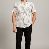 MistPrint White Shirt – Cotton, Breathable & Temperature-Control Fabric, Half Sleeves, Cuban Collar | Gray Pattern Casual Shirt for Men