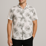 MistPrint White Shirt – Cotton, Breathable & Temperature-Control Fabric, Half Sleeves, Cuban Collar | Gray Pattern Casual Shirt for Men