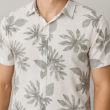 MistPrint White Shirt – Cotton, Breathable & Temperature-Control Fabric, Half Sleeves, Cuban Collar | Gray Pattern Casual Shirt for Men