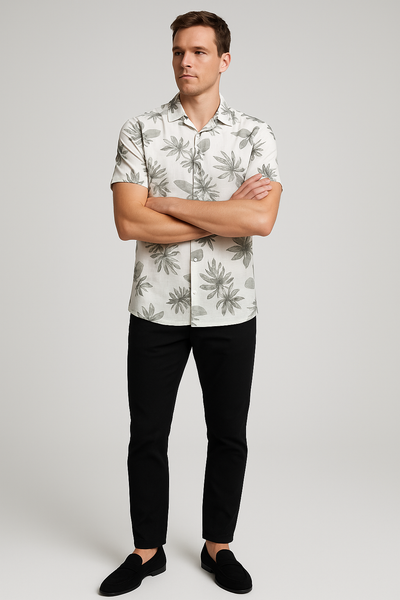 MistPrint White Shirt – Cotton, Breathable & Temperature-Control Fabric, Half Sleeves, Cuban Collar | Gray Pattern Casual Shirt for Men