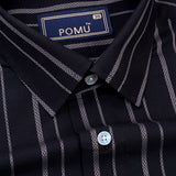 NoirLine Black Dobby Stripe Shirt – Cotton, Breathable & Temperature-Control Fabric, Half Sleeves, Cuban Collar | Textured Stripe Shirt for Men