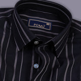 NoirLine Black Dobby Stripe Shirt – Cotton, Breathable & Temperature-Control Fabric, Half Sleeves, Cuban Collar | Textured Stripe Shirt for Men