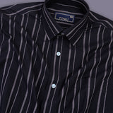 NoirLine Black Dobby Stripe Shirt – Cotton, Breathable & Temperature-Control Fabric, Half Sleeves, Cuban Collar | Textured Stripe Shirt for Men