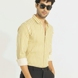 SunTrail Sandy Yellow Striped Shirt – Giza Cotton, Regular Fit, Full Sleeves | Premium Men's Smart Casual Wear