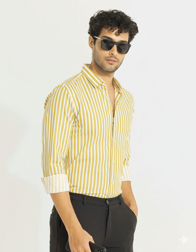 SunTrail Sandy Yellow Striped Shirt – Giza Cotton, Regular Fit, Full Sleeves | Premium Men's Smart Casual Wear
