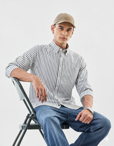 CloudForm Steam White Striped Shirt – Giza Cotton, Regular Fit, Full Sleeves | Men’s Classic Office & Casual Wear