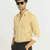 SunTrail Sandy Yellow Striped Shirt – Giza Cotton, Regular Fit, Full Sleeves | Premium Men's Smart Casual Wear