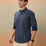 BlueEdge Denim Stripe Shirt – Giza Cotton, Regular Fit, Full Sleeves | Men’s Smart Striped Shirt for Casual & Office