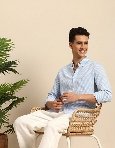 Young Blue Textured Stripe Shirt – Young Blue Giza Cotton, Regular Fit, Full Sleeves | Men’s Premium Everyday Wear
