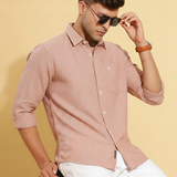 MochaLine Textured Stripe Shirt – Giza Cotton, Regular Fit, Full Sleeves | Premium Men’s Brown Formal-Casual Shirt