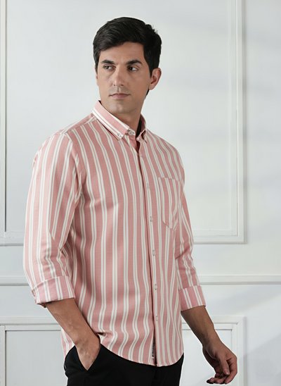 RoseForge Copper Rose Striped Shirt – Giza Cotton, Regular Fit, Full Sleeves | Men’s Refined Casual & Office Shirt