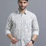 Italian Cream Leaf Printed Shirt for Men – Textured Lilen Fabric, Full Sleeves, Regular Fit | Soft, Earthy & Minimalist Design