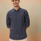 BlueEdge Denim Stripe Shirt – Giza Cotton, Regular Fit, Full Sleeves | Men’s Smart Striped Shirt for Casual & Office