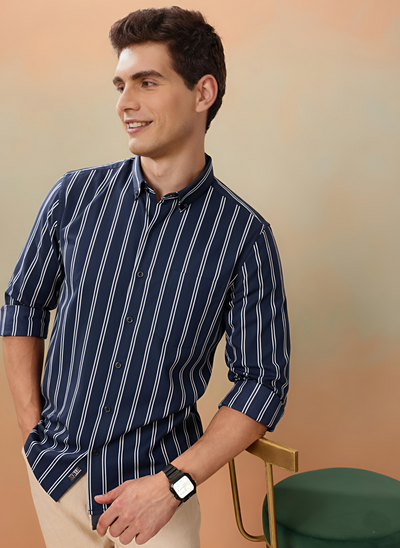 BlueEdge Denim Stripe Shirt – Giza Cotton, Regular Fit, Full Sleeves | Men’s Smart Striped Shirt for Casual & Office