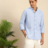 Young Blue Textured Stripe Shirt – Young Blue Giza Cotton, Regular Fit, Full Sleeves | Men’s Premium Everyday Wear