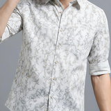 Italian Cream Leaf Printed Shirt for Men – Textured Lilen Fabric, Full Sleeves, Regular Fit | Soft, Earthy & Minimalist Design