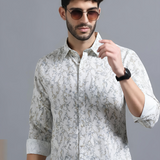 Italian Cream Leaf Printed Shirt for Men – Textured Lilen Fabric, Full Sleeves, Regular Fit | Soft, Earthy & Minimalist Design