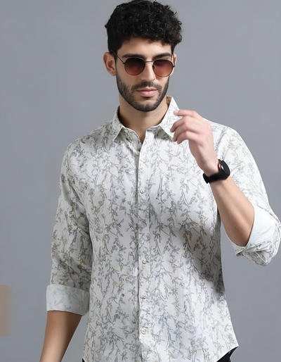 Italian Cream Leaf Printed Shirt for Men – Textured Lilen Fabric, Full Sleeves, Regular Fit | Soft, Earthy & Minimalist Design