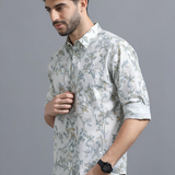 Italian Cream Leaf Printed Shirt for Men – Textured Lilen Fabric, Full Sleeves, Regular Fit | Soft, Earthy & Minimalist Design