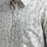 Italian Cream Leaf Printed Shirt for Men – Textured Lilen Fabric, Full Sleeves, Regular Fit | Soft, Earthy & Minimalist Design