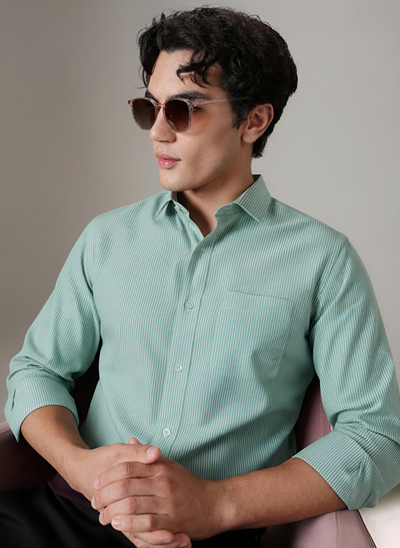 Verdance Cactus Green Striped Shirt – Giza Cotton, Regular Fit, Full Sleeves | Men's Smart Casual Cotton Shirt