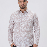 Desert Dust Beige Printed Shirt for Men – Textured Lilen Blend, Full Sleeves, Regular Fit | Premium Casualwear with Subtle Geometric Design