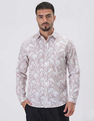 Desert Dust Beige Printed Shirt for Men – Textured Lilen Blend, Full Sleeves, Regular Fit | Premium Casualwear with Subtle Geometric Design