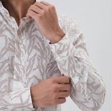 Desert Dust Beige Printed Shirt for Men – Textured Lilen Blend, Full Sleeves, Regular Fit | Premium Casualwear with Subtle Geometric Design