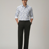 White Shirt with Marine Blue Floral Print for Men – Giza Cotton, Dobby Print, Regular Fit, Full Sleeves | Breezy Resort-Inspired Shirt for Everyday Style