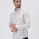 Desert Dust Beige Printed Shirt for Men – Textured Lilen Blend, Full Sleeves, Regular Fit | Premium Casualwear with Subtle Geometric Design