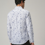 White Shirt with Marine Blue Floral Print for Men – Giza Cotton, Dobby Print, Regular Fit, Full Sleeves | Breezy Resort-Inspired Shirt for Everyday Style
