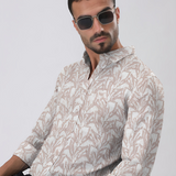 Desert Dust Beige Printed Shirt for Men – Textured Lilen Blend, Full Sleeves, Regular Fit | Premium Casualwear with Subtle Geometric Design