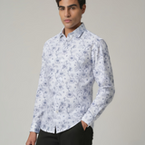 White Shirt with Marine Blue Floral Print for Men – Giza Cotton, Dobby Print, Regular Fit, Full Sleeves | Breezy Resort-Inspired Shirt for Everyday Style