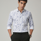 White Shirt with Marine Blue Floral Print for Men – Giza Cotton, Dobby Print, Regular Fit, Full Sleeves | Breezy Resort-Inspired Shirt for Everyday Style