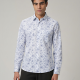 White Shirt with Marine Blue Floral Print for Men – Giza Cotton, Dobby Print, Regular Fit, Full Sleeves | Breezy Resort-Inspired Shirt for Everyday Style
