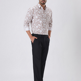 Desert Dust Beige Printed Shirt for Men – Textured Lilen Blend, Full Sleeves, Regular Fit | Premium Casualwear with Subtle Geometric Design