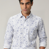 White Shirt with Marine Blue Floral Print for Men – Giza Cotton, Dobby Print, Regular Fit, Full Sleeves | Breezy Resort-Inspired Shirt for Everyday Style