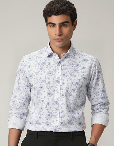 White Shirt with Marine Blue Floral Print for Men – Giza Cotton, Dobby Print, Regular Fit, Full Sleeves | Breezy Resort-Inspired Shirt for Everyday Style
