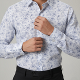 White Shirt with Marine Blue Floral Print for Men – Giza Cotton, Dobby Print, Regular Fit, Full Sleeves | Breezy Resort-Inspired Shirt for Everyday Style